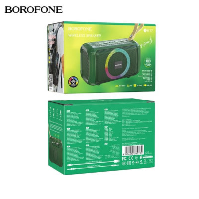 Портативная колонка Borofone BR17 Dark Green BT v5.1. Чип: JL AC6965E. Емкость батареи: 1200mAh, время зарядки около 3 часов. Работа в режиме разговора или воспроизведения музыки: 4 часа. Динамик: 52ммx1. Мощность: 5W. Размеры: 136.4x70x80мм. FM, TF карт,