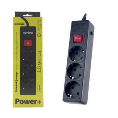 Сетевой фильтр Perfeo 1.8м 3роз. POWER+, черный (PF-PP-3/1,8-B)