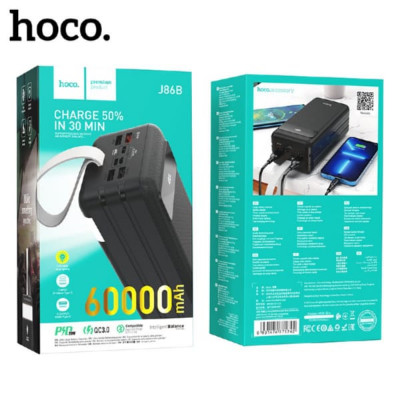 Внешний аккумулятор 60000mAh Hoco J86B Black (IP: 18W (PD/QC/FCP/AFC, Micro/Type-C: 18W (QC/FCP/AFC)  Output: USB-A 1: 22.5W (QC/SCP/FCP/AFC); Type-C: 20W (PD/QC/FCP/AFC); USB-A 2/3/4: 5V/2.1A; Total output: 5V/3A