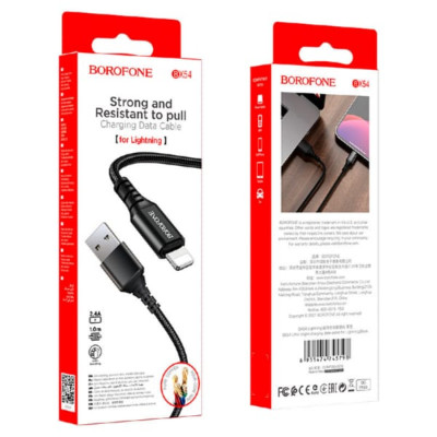 АКЦИЯ! Кабель Lightning BOROFONE BX54 1м, 2,4A, нейлоновая оплетка, Black. Продается КРАТНО 30шт!!!