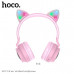 Гарнитура беспроводная полноразмерная Bluetooth HOCO W27 Cat ear (Pink). 300mAh емкость батареи, время зарядки 2ч. Время звонков/музыки: 5ч. В режиме ожидания: 200ч. Динамик: 40мм. Размер: 203х175х80мм. Поддержка проигрывания BT, TF карт, AUX. Светящиеся 