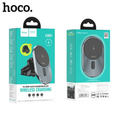 Держатель с беспроводной зарядкой на дефлектор HOCO CA91 Magic Gray. Специально спроектирован для iPhone 12 серии. Выход: 5W/7.5W/10W/15W, MgS беспроводной выход: 7.5W, необходимо использовать PD автомобильное зарядное устройство.