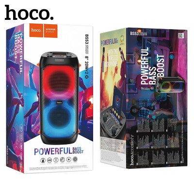 Активная напольная колонка HOCO BS53 Manhattan. Аккумулятор 3600mAh, 4 часа работы, поддержка BT/FM/TF/USB/AUX режимов воспроизведения, с двумя беспроводными микрофонами. Динамик: 2x8-дюймовых полночастотных динамика. Мощность: 2x20W. Различные режимы под
