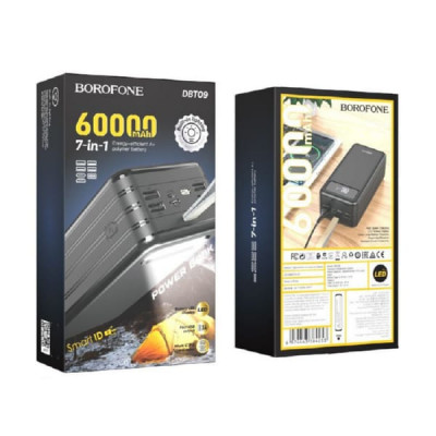 Внешний аккумулятор 60000 mAh Borofone DBT09 Black Входные интерфейсы: Lightning  / USB Type-C  / micro USB Входы: Micro-USB: 5V-2A макс; Type-C: 5V-2.4A макс, (10 Вт), Lightning (Apple) Кол-во USB выходов: 4 Время зарядки аккумулятора: от 20 ч (5V, 2A) Р