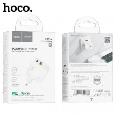 СЗУ-USB-USB-C HOCO C111A QC3.018W+ PD30W, White. Выход: Type-C: 30 Вт; USB-A: 18 Вт; Type-C+USB-A=5 В/3 А.
