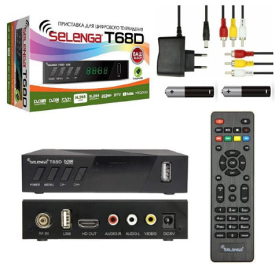 Цифровой ресивер эфирный DVB-T/T2 SELENGA Т68D GX 6702S5, MAXLINEAR MXL 608, дисплей, кнопки, АС3, HDMI, 2 USB, 3 RCA,  ANT IN, БП внешний 5V/2A, батарейки ААА, кабель 3RCA-3RCA  в комплекте. Наличие функции просмотра IPTV , Мegogo и YouTube через Wi-Fi а
