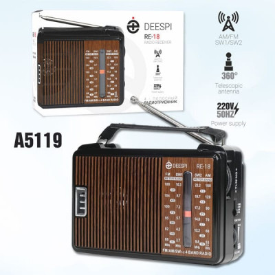 Радиоприемник портативный deespi RE-18/608 AM/FM/SW. 220V/50Hz. Питание от сети (кабель в к-те) и 2хR20 (не входит в к-т). 4-полосный: FM 88-108 Mhz, AM 530-1600 Khz, SW1 2.7-10.3 МГц SW2 9.8-22.2 МГц. Антенна 360гр.