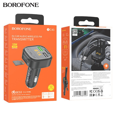 FM-Модулятор BOROFONE BC43 Black. Выход: USB-A 1: 18 Вт; Музыкальный интерфейс диска U: 5В/1А. Размер: 68х40х41,5 мм; Вес: 26 г. Поддержка Bluetooth, U-диска, воспроизведения TF-карт (U-диск/TF-карта 32G).