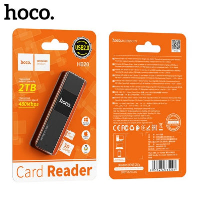 Картридер HOCO HB20 Black USB 2.0. Теоретическая скорость передачи: 480Mbps. Теоретическая поддерживаемая емкость: 2TB. Поддержка TF/SD карт. Совместимость с большинством операционных систем, например, для Windows и для Mac OS. Материал: ABS. Размер: 69х1