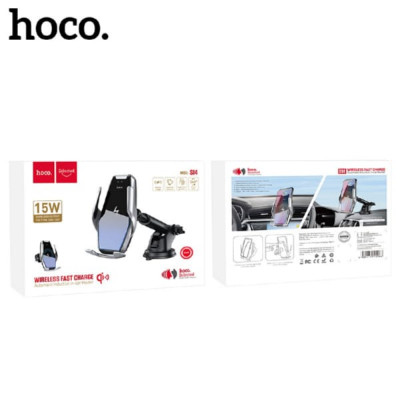 Держатель мобильного телефона HOCO S14 Silver с функцией беспроводной зарядки 15W, диагональ 4,0-6,5 дюйма. Два варианта крепления: на переднюю панель (лобовое стекло) с помощью присоски и в дефлектор. Материал: PC и ABS с вакуумным покрытием и текстуриро
