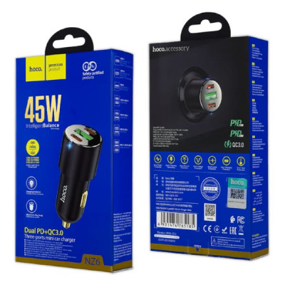 АЗУ-USB-2USB-C HOCO NZ6 PD25W+25W+ QC3.0 18W, Black. C1+C2 =PD25W+PD20W, USB-A: 18W.