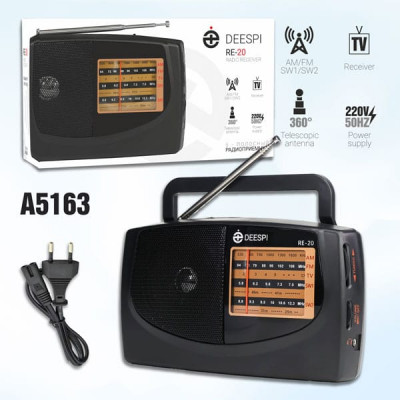 Радиоприемник портативный deespi RE-20/308 (KIPO) AM/FM/SW1-2/TV. 220V/50Hz. Питание от сети (кабель в к-те) и 2хR20 (не входит в к-т). 5-полосный: FM 64-108 Mhz, AM 530-1600 Khz, TV 2-5 CH, SW1 5.8-7.5 МГц SW2 8,8-12,3 МГц. Антенна 360гр.