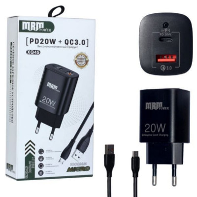 СЗУ-USB-USB-C MicroUSB MRM XQ45 1м, PD20W + QC3.0 5V/3.1A, Black