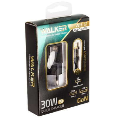 СЗУ-USB-USB-C (Type-C)-Lightning WALKER WH-61 GaN PD30W+QC3.0, Black