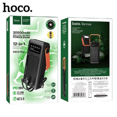 Внешний аккумулятор 30000 mAh HOCO DB33 Plus Rising 22.5W+PD20W QC3.0 Black. На солнечной батареe со встроенным светильником. Емкость батареи: 30 000 мАч (17 500 мАч для напряжения 5 В). Режим зарядки: 5 В до 2 А, общая выходная мощность - до 10 Вт. Разъе
