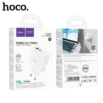 СЗУ-USB-USB-C HOCO C113A QC3.0 18W, PD65W, White. SUPER VOOC Type-C: 65 Вт;
USB-A: 18 Вт.