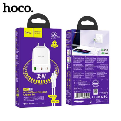 СЗУ-2USB-C-USB (Type-C)-Lightning HOCO N33 1м, PD35W, QC3.0, White. Выход: Type-C 1/2: 35 Вт; USB-A: 22,5 Вт.