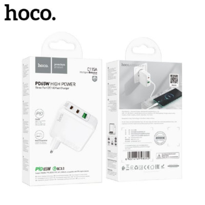 СЗУ-USB-2USB-C HOCO C115A PD65W+ QC3.0 18W, White