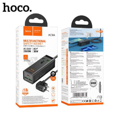 Универсальный сетевой фильтр Hoco AC9A Black 1 розетка, 2USB порта, 1PD30W+USB18W, 2500W, длина шнура 1.5м. Огнестойкий материал для ПК.