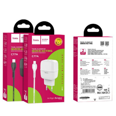 СЗУ-2USB Lightning HOCO C77A 1м, 2.4А, White