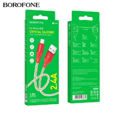 Кабель Micro USB BOROFONE BX96 1м, 2,4А, силикон, Red. Прозрачный кабель, алюминиевый корпус.