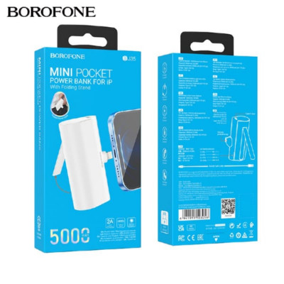 Внешний аккумулятор 5000 mAh BOROFONE BJ35 White (iP) Вход: Lightning: 5V/2A. Выход: Молния: 5V/2AType-C: 5V/2A. Дисплей: светодиодный индикатор показывает уровень мощности. Размер: 78 x 48 x 27 мм; Вес: 95 г