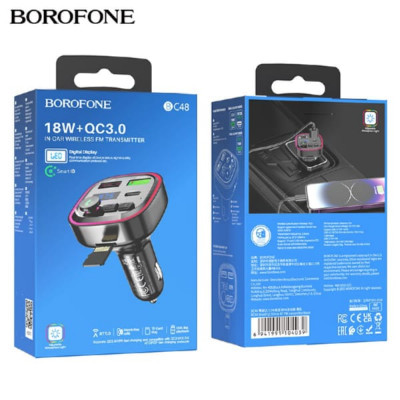 FM-Модулятор BOROFONE BC48 Black. Выход: USB-A 1 для музыки:5V/0.5A; USB-A 2:18W; Type-C: 5V/3A, USB-A 2+Type-C=5V/3A. Материал: ABS, размер: 82х58х47мм; вес 32г. Поддержка Bluetooth, MicroSD ( 32G)