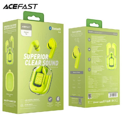 Гарнитура вакуумная Bluetooth ACEFAST T6 Youth Green. Снижение шума ENC. Светодиодный цифровой дисплей. Чип Бестехник BES2300IU. СБК/ААК. BT 5.0V. Зарядный кейс 500мАч. Около 4 часов музыки или 3 часа разговоров. IPX4 водонепроницаемый.