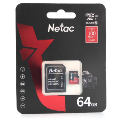 Карта памяти MicroSDXC Netac P500 Extreme Pro 64GB Class 10 UHS-I A1 V30 (100 Mb/s) + SD адаптер