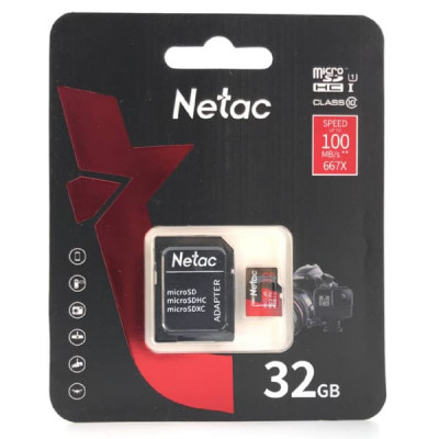 Карта памяти MicroSD Netac P500 Extreme Pro 32GB Class 10 UHS-I A1 V10 (100 Mb/s) + SD адаптер