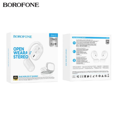 Гарнитура с открытой конструкцией Bluetooth Borofone BW42 White. Время работы: 8 часов, в режиме ожидания до 180 часов. Время зарядки кейса 1,5 часа.