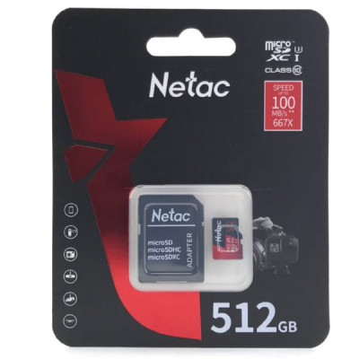 Карта памяти MicroSDXC 512GB Netac P500 Extreme Pro Class 10 UHS-I A1 V30 (100 Mb/s) + SD адаптер