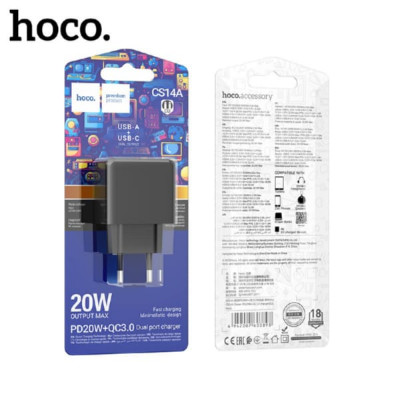 СЗУ-USB-USB-C HOCO CS14A QC3.0 PD20W, Black. Выход: Type-C: 20 Вт; USB-A: 18 Вт; USB-C+USB-A= 5V/3A.