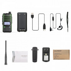 Рация Baofeng UV-13 Pro Зеленая рация (UHF/VHF). Диапазон частот: VHF(136-174 МГц) / UHF(400-520 МГц). Выходная мощность: 8W. Дальность вещания: 10 км. Цвет: зеленый. Вес: 250г. Размер: 269х55.9х35.6 мм. Материал: пластик. Комплектация: рация, антенна, кл