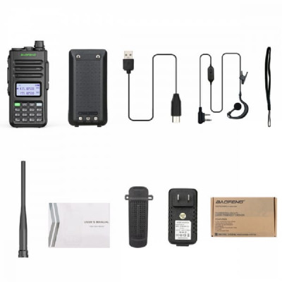 Рация Baofeng UV-13 Pro Черная рация (UHF/VHF). Диапазон частот: VHF(136-174 МГц) / UHF(400-520 МГц). Выходная мощность: 8W. Дальность вещания: 10 км. Цвет: черный. Вес: 250г. Размер: 269х55.9х35.6 мм. Материал: пластик. Комплектация: рация, антенна, клип