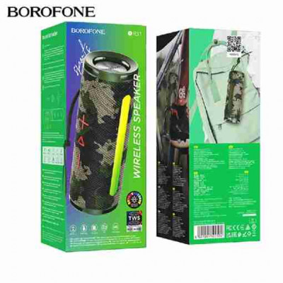 Портативная колонка Borofone BR31 Camouflage Портативная колонка Borofone BR31 Black 1. Bluetooth 5.3; чип: JL AC6965E. 2. Емкость батареи: 1500mAh; Время зарядки: 3 ч. 3. Время работы: 3 ч. 4. Динамик: 52ммх2; мощность: 5Wх2. 5. Размер: 196х72.5х71.6мм; 