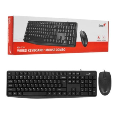 Набор проводная клавиатура + мышь Genius Smart КМ-170, USB, 104 клав. SmartGenius, мембранная, защита от проливаний; Мышь: оптическая, 1000 DPI, 3 кнопки, черный