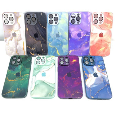Чехол стеклянный iP 15 Pro Max Marble матовый, с защитой камеры (цвета в ассортименте)