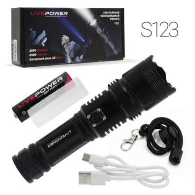 Фонарь ручной LIVE POWER Y02 лазерный(30W, 6 режимов света, ZOOM, Зарядка телефона, дисплей заряда, режим SOS, кабель Тyре С)