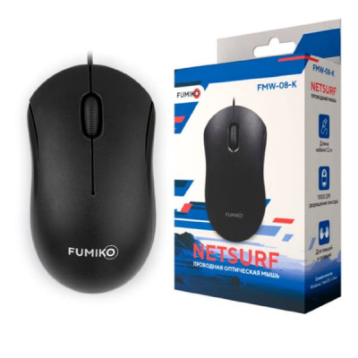 Мышь проводная FUMIKO NETSURF, черный. Максимальное разрешение сенсора
1000 dpi. 3кн. Длина кабеля 1.2 м.