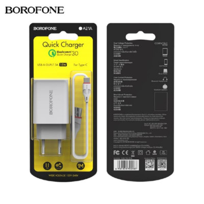 АКЦИЯ! СЗУ-USB Type-C BOROFONE BA21A 1м, QC3.0A, White. Продается КРАТНО 20 шт!!!