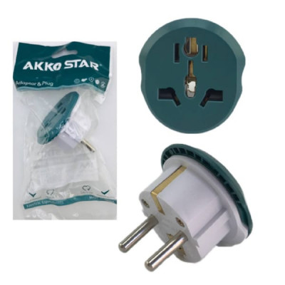 Вилка-переходник с евро на 220V 16А AKKOSTAR (Подходит для бытовой техники из КНР), White (в кор. 40шт)