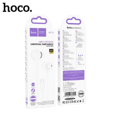 Гарнитура вакуумная HOCO M114 аудио разъем Type-C, White. Длина 1.2м. Материал: ABS+TPE.