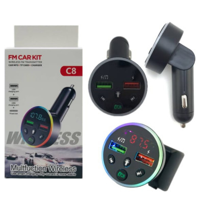 АКЦИЯ!!! FM-Модулятор C8, Bluetooth, 2USB, TYPE-C, TF, 5V-3.1A, HF, LED. Продается КРАТНО 3шт!!!