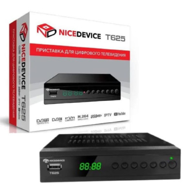 Цифровой ресивер эфирный DVB-T2 NICEDEVICE T625
Тип приставка для цифрового ТВ. Параметры питания 100-250 В/50-60 Гц. Основной цвет черный. Цифровые телевизионные стандарты DVB-C, DVB-T, DVB-T2. Формат сжатия видео H.264, MPEG2, MPEG4. Запись на внешний н