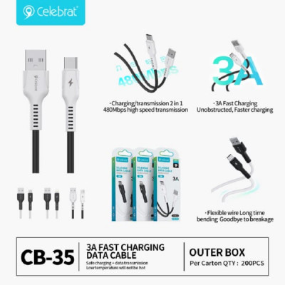 Кабель Micro USB Celebrat CB-35 1м, 3А, силикон, White