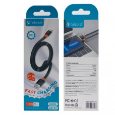 Кабель Micro USB Celebrat CB-33 1м, 2.1А, ПВХ, Black, плоский (Передача данных)