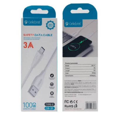 Кабель Type-C Celebrat CB-31 1м, 3A, ПВХ, White (Передача данных)
