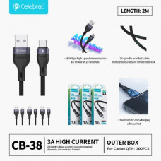 Кабель Lightning Celebrat CB-38, 2м, 3A, Black, шнуровой