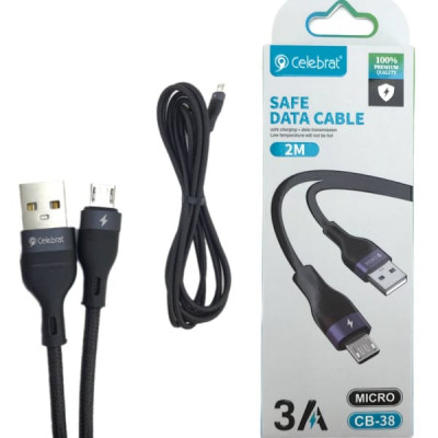 Кабель Micro USB Celebrat CB-38 2м, 3А, шнуровой, Black